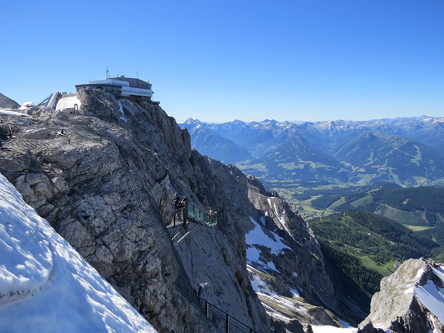 dachstein, mountains, austria, view, snow, blue sky, summer HD wallpaper