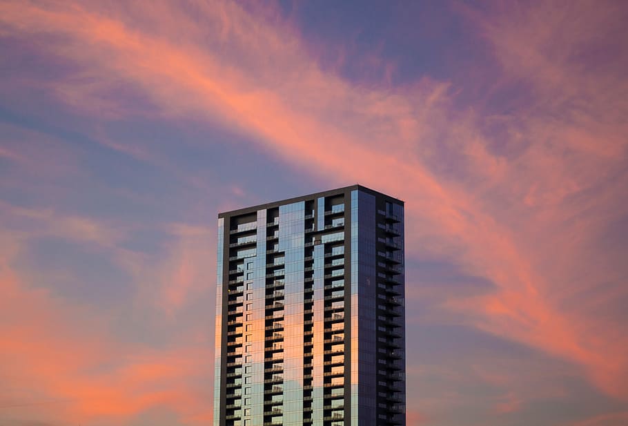 gray concrete building, high, rise, blue, sky, architecture HD wallpaper