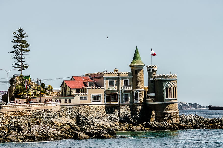viña del mar, castle, blue sea, ocean, sea beach, castillo wulff, HD wallpaper