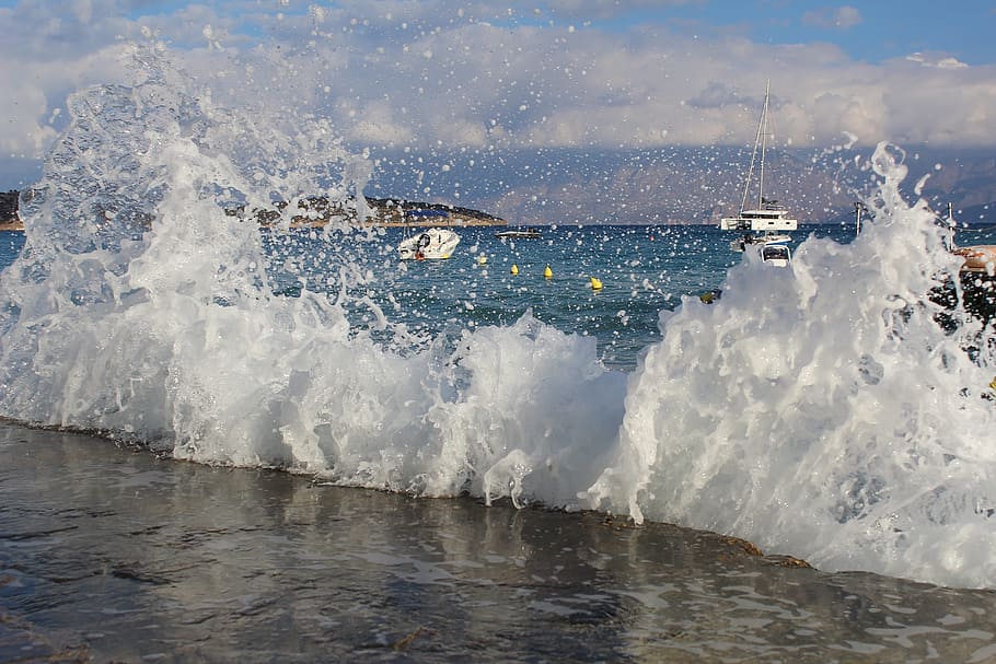sea, wave, surf, spray, sky, sun, clouds, water, motion, surfing HD wallpaper