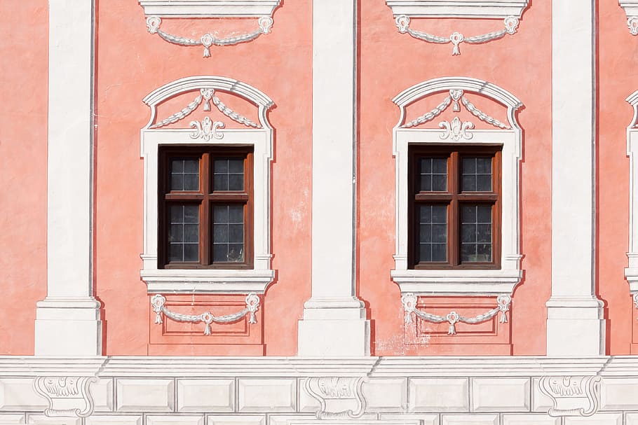 pink and white concrete building, facade, dusky pink, window