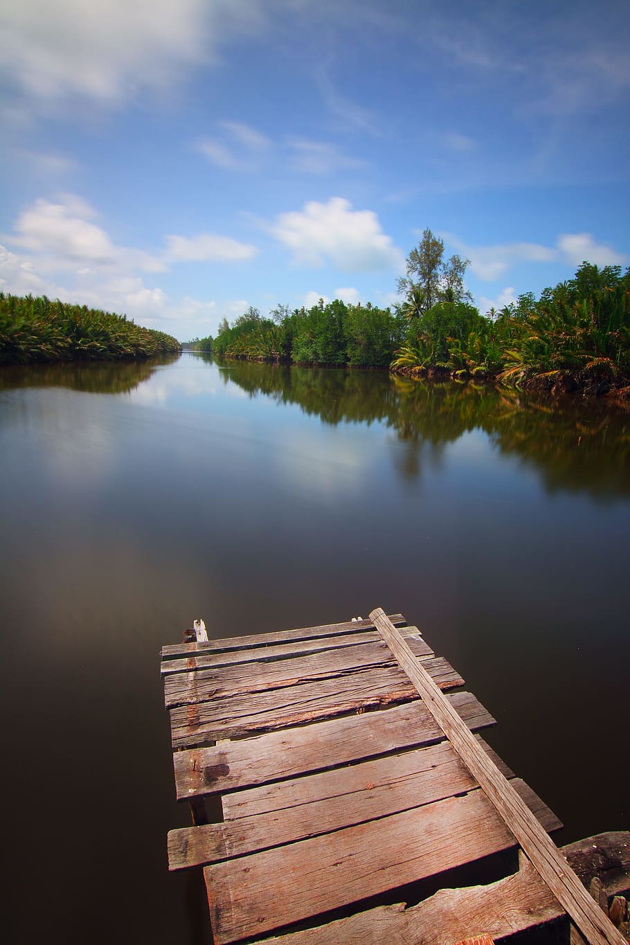 wood, jetty, nature, sky, clouds, forest, idyllic, placid, reflection HD wallpaper
