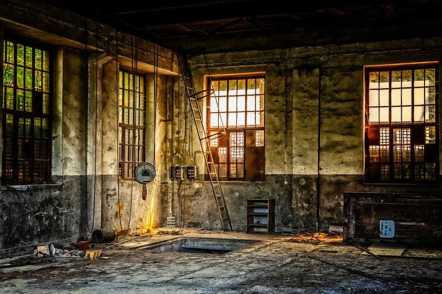 ladder near window, workshop, hall, maintenance, lost places HD wallpaper