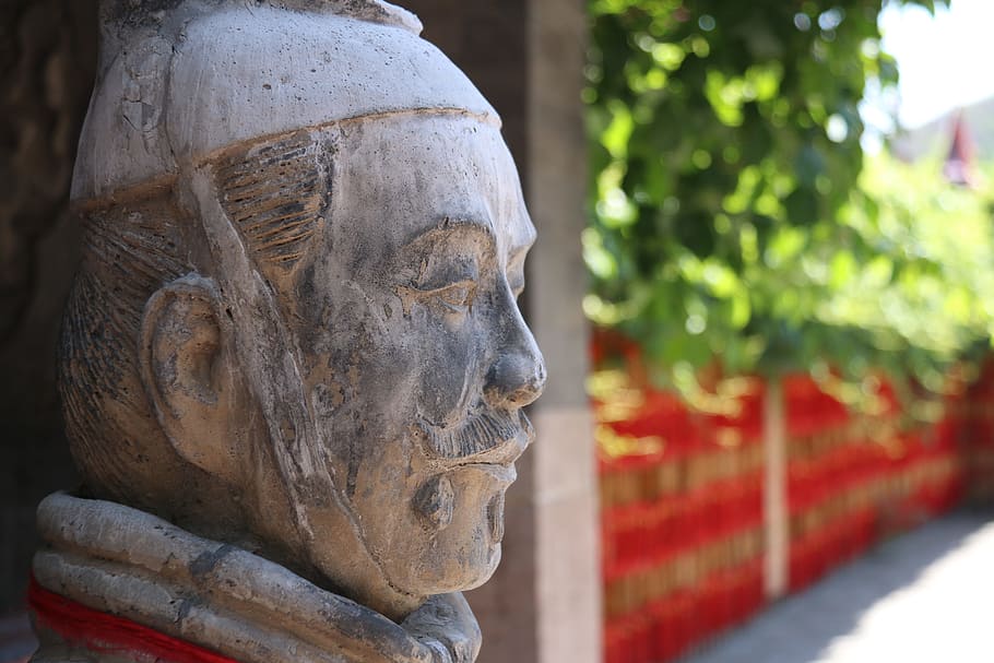 white concrete statue, chinese, dress, warrior, asia, travel