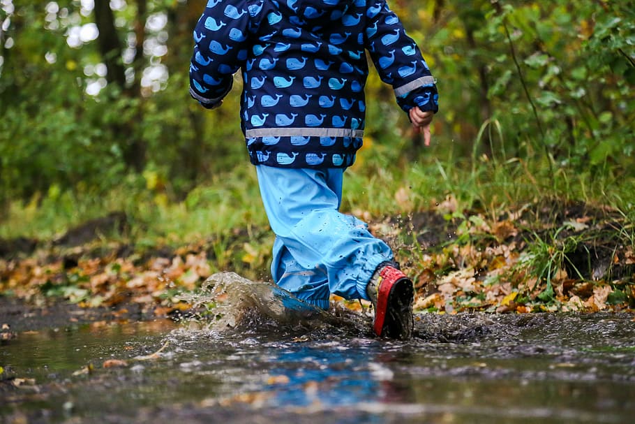 child walking near body water, boy, puddle, autumn, raining HD wallpaper