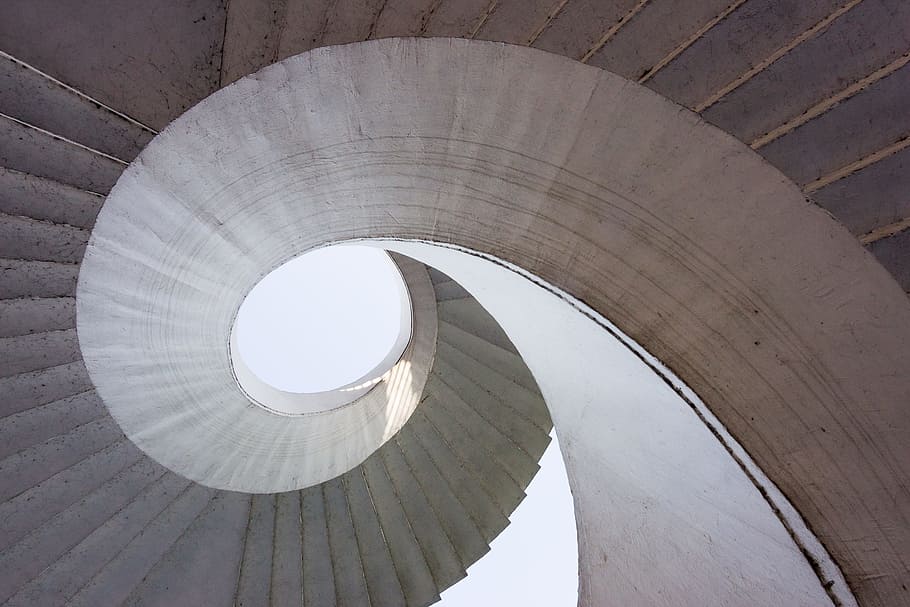 low-angle photography of spiral conrete stairs, Architecture, HD wallpaper