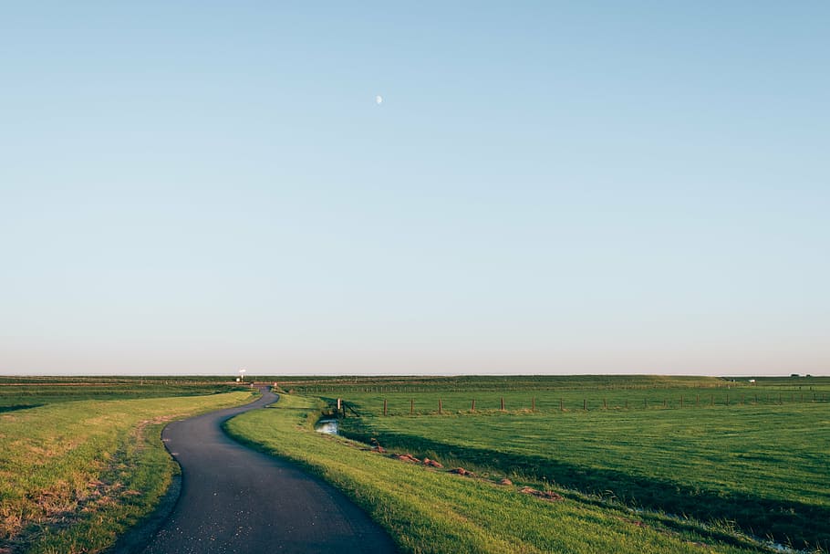 empty road between green grass field under white sky, black HD wallpaper