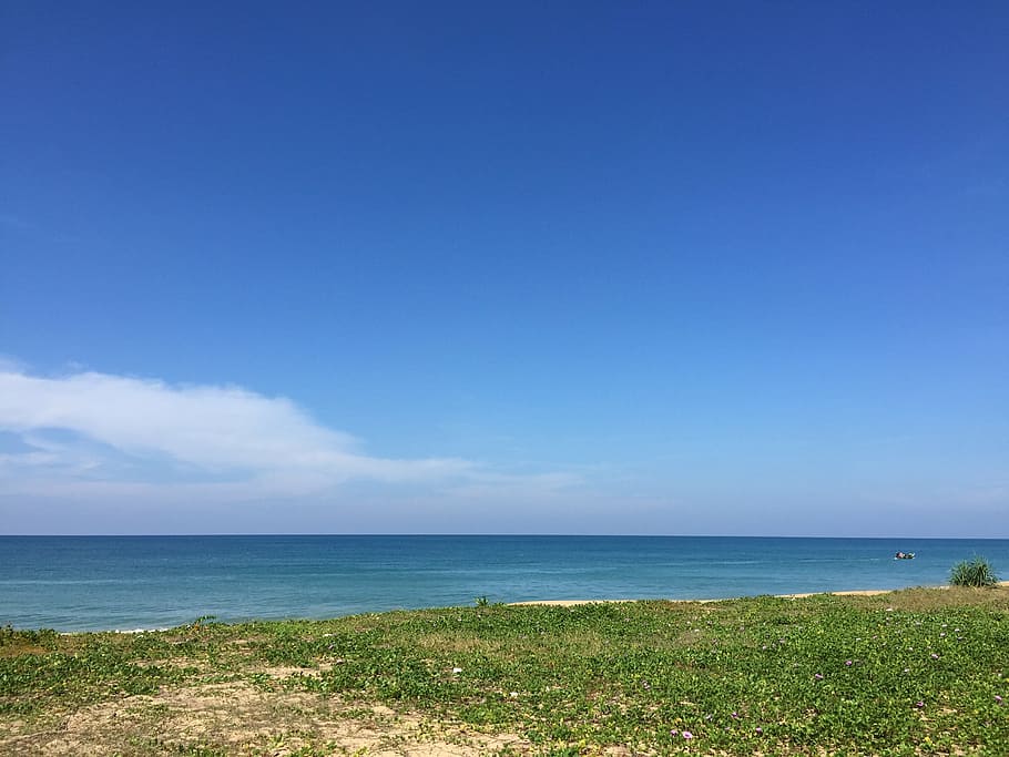 beach sky, white cloud, clear sky, sea, water, horizon over water HD wallpaper