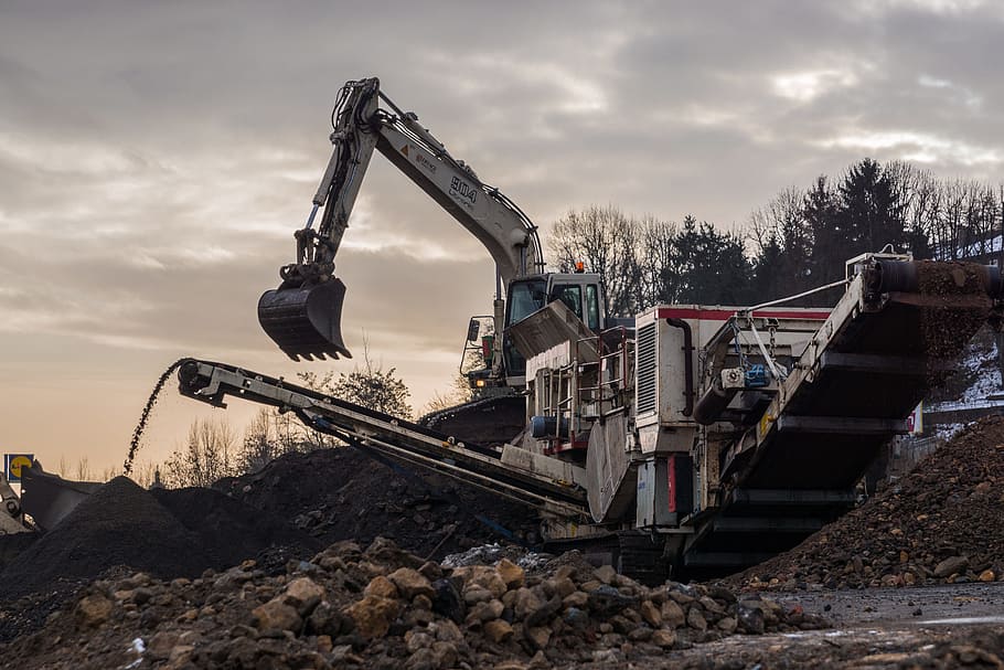 white heavy equipment beside trees, Building, Backhoe, Sorting HD wallpaper