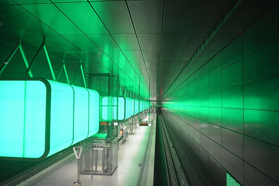 lighted green hallway lamp, architecture, metro, hamburg, u4 HD wallpaper