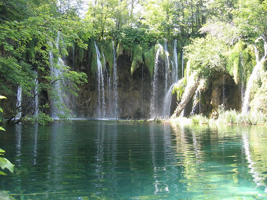 waterfalls between green trees during daytime, cave, landscape HD wallpaper