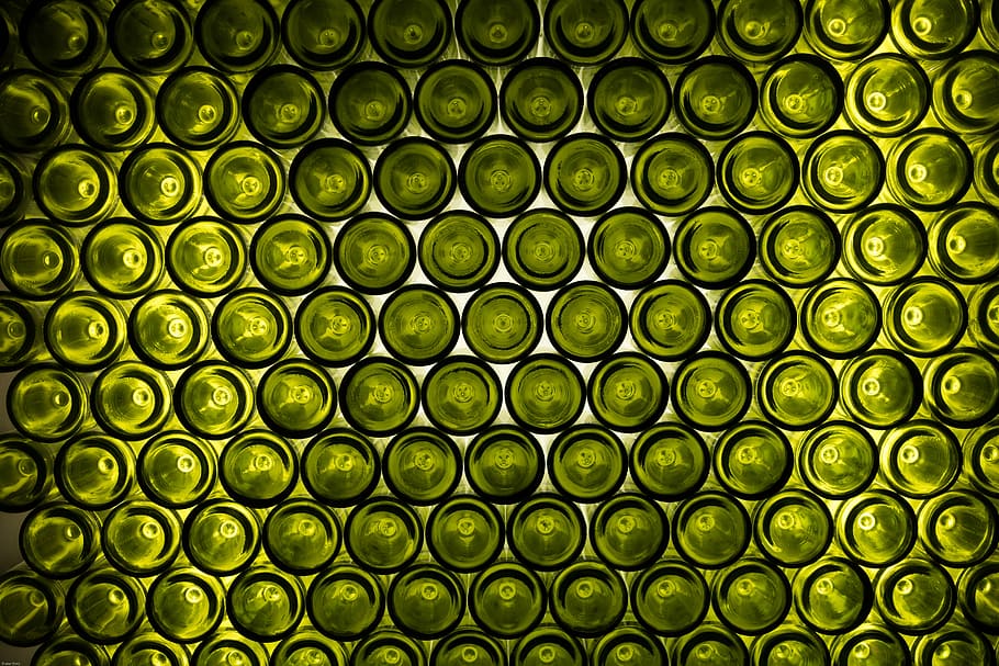 green glass bottle stack, bottles, bottom of the bottle, wine, HD wallpaper