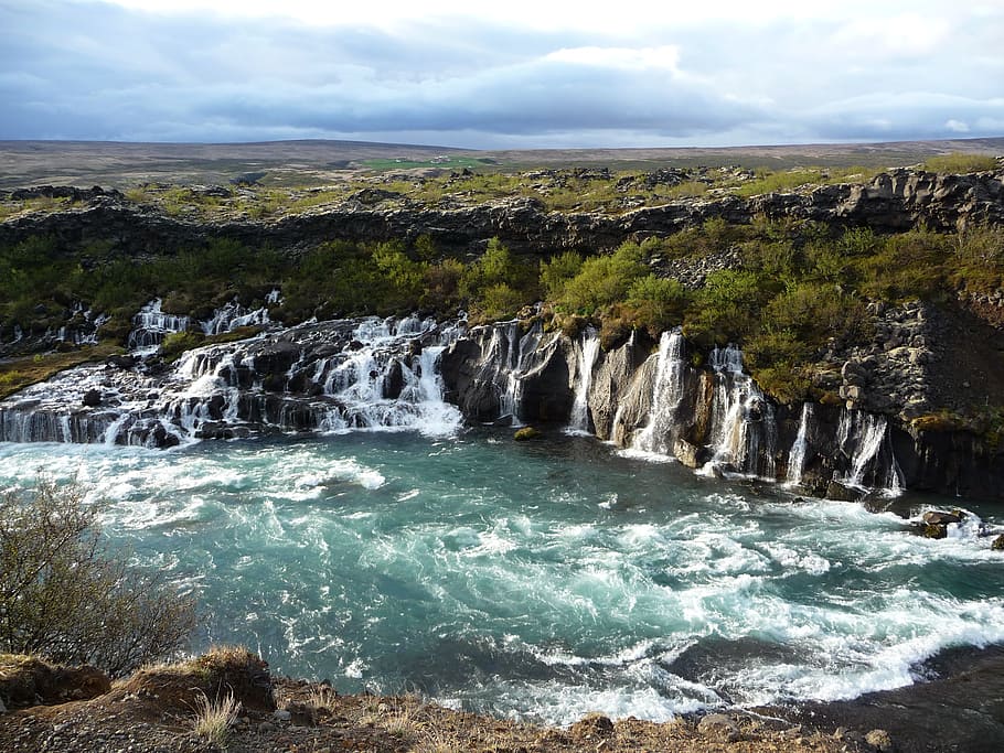 Waterfall, Iceland, Hraunfossar, sea, nature, no people, wave HD wallpaper