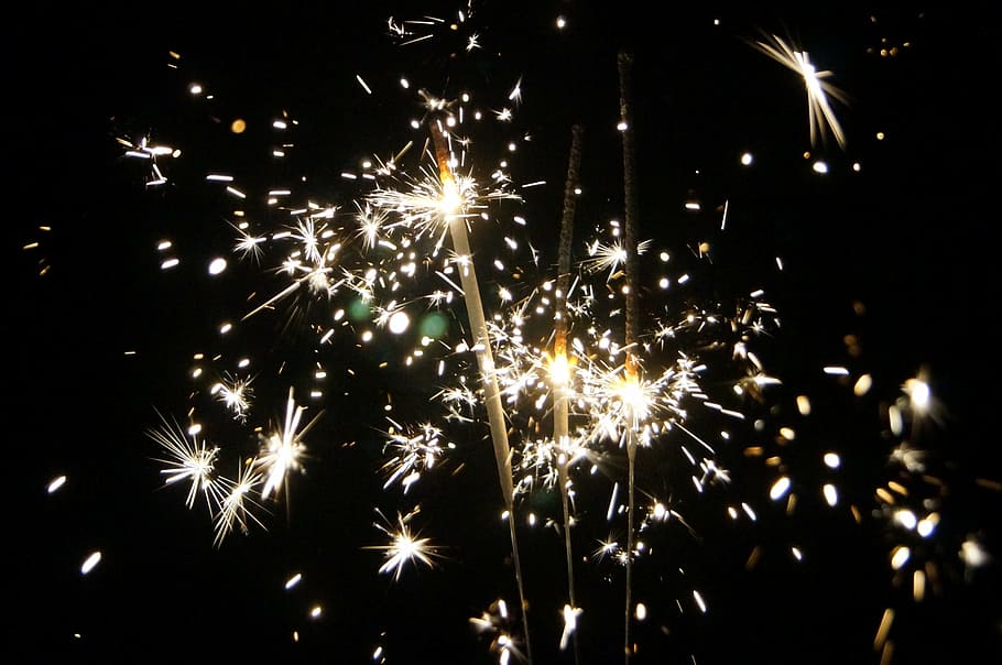 fireworks, sparklers, night, new year's eve, new year's day, shower of sparks