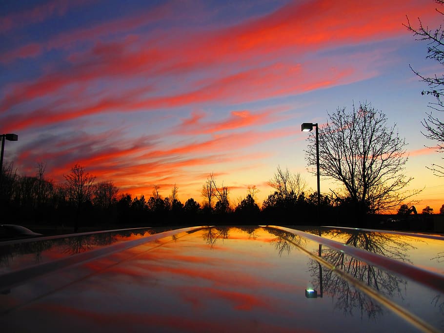 sunset, red, sky, blue, orange, yellow, landscape, cloud, evening HD wallpaper