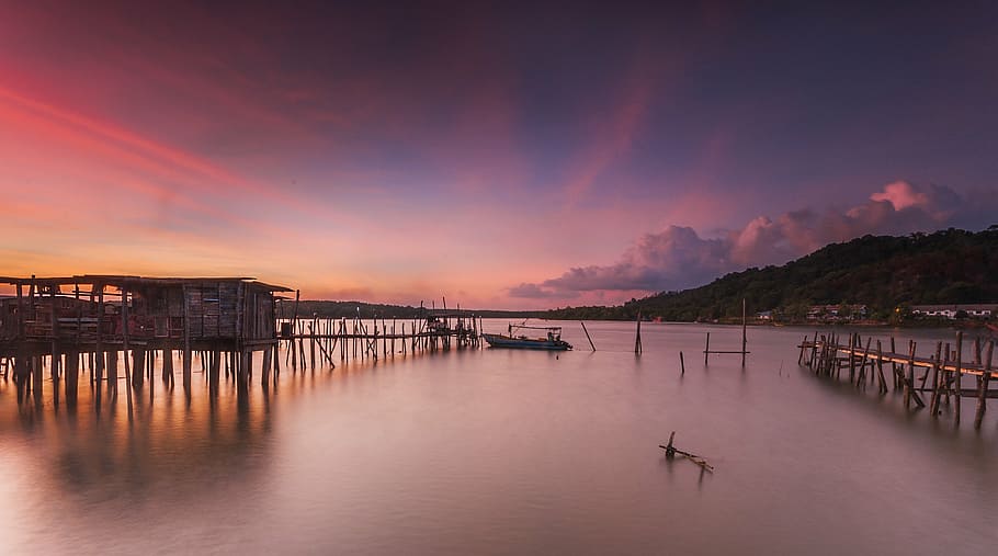 beach, boat, dawn, dusk, jetty, nature, ocean, pier, sea, seascape HD wallpaper