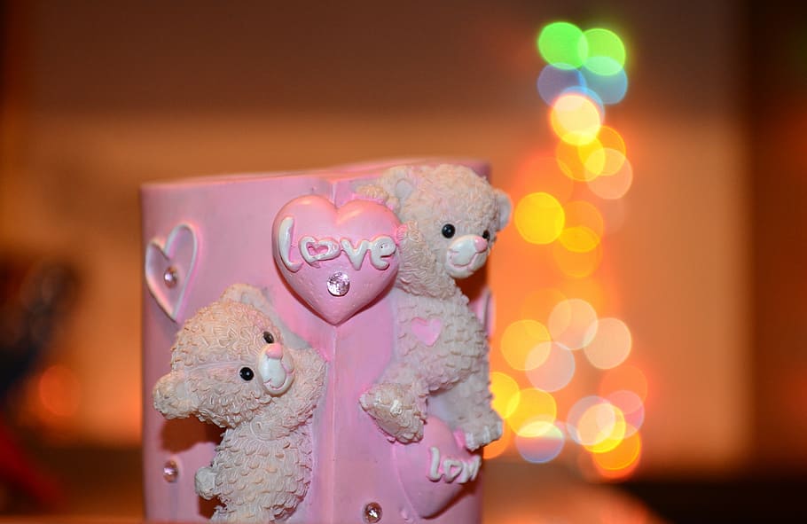 love, bokeh, cup, mug, pink, romantic, valentine, toy, stuffed toy HD wallpaper