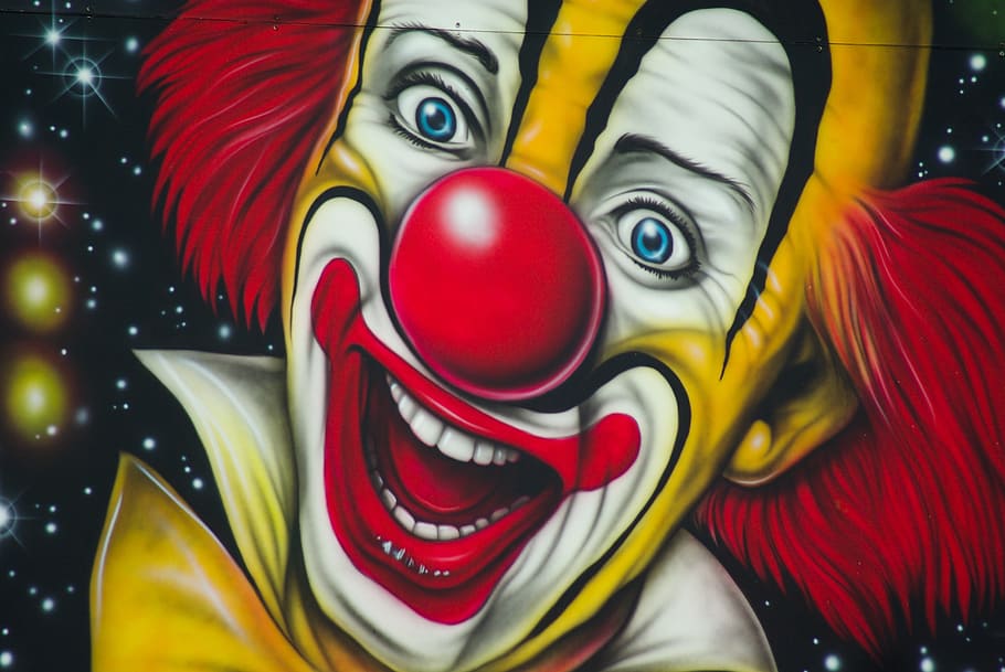 clown graphics art, Circus, Clown, Painting, artist, wall, disguise, HD wallpaper