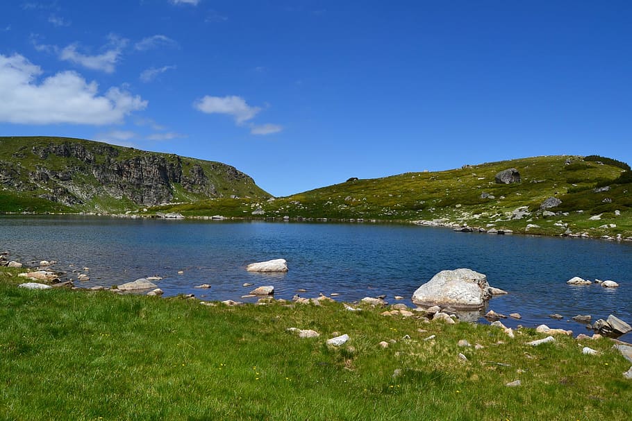 mountain, lake, green, sky, sunny, outdoor, nature, water, plant HD wallpaper