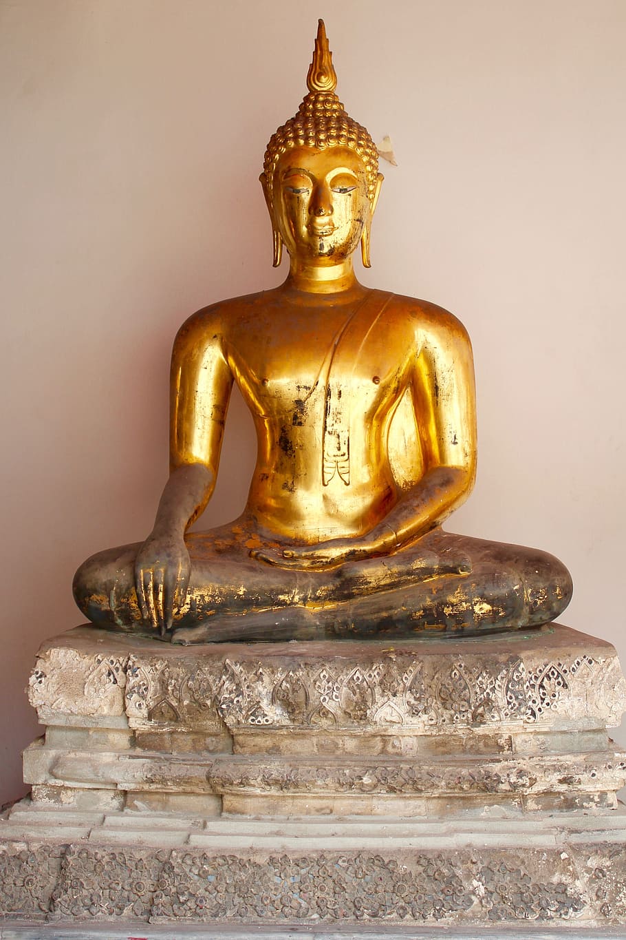 HD wallpaper: sitting brass-colored buddha statue near white wall