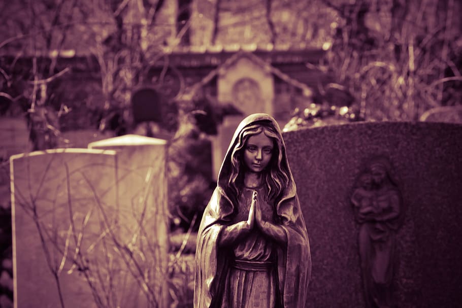 concrete statuette display, prayer, cemetery, maria, virgin mary