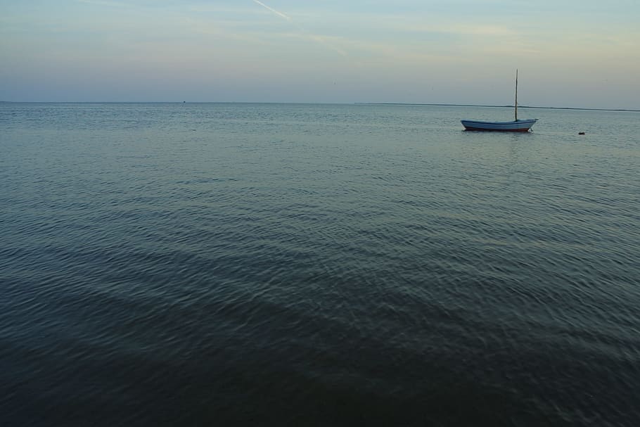 Boat On Ocean, dawn, dusk, outdoors, sailboat, sea, seascape HD wallpaper