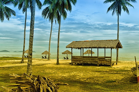 Hut, Beach, Blue, Sea, Vacation, summer, sand, travel, sky HD wallpaper