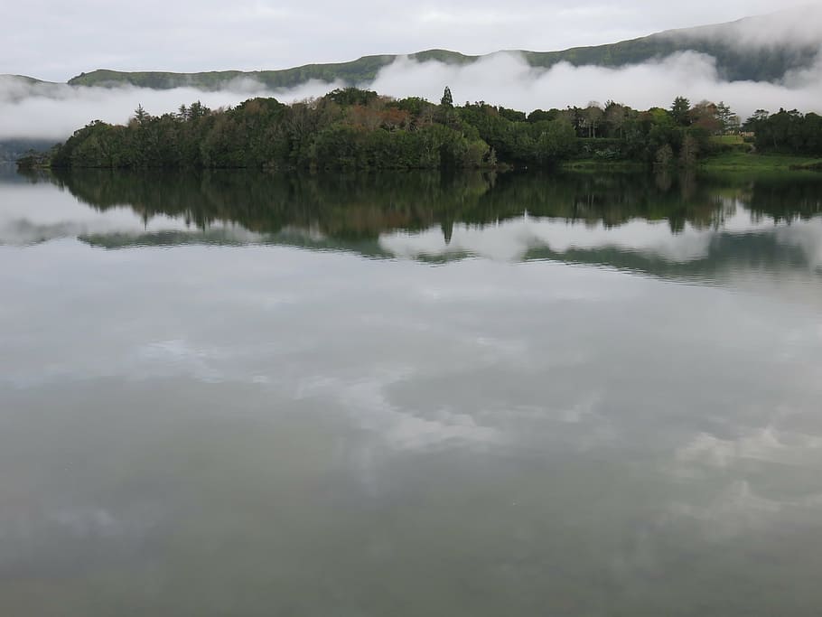 lake, crater, reflection, clouds, grey, volcanic lake, volcanic crater HD wallpaper