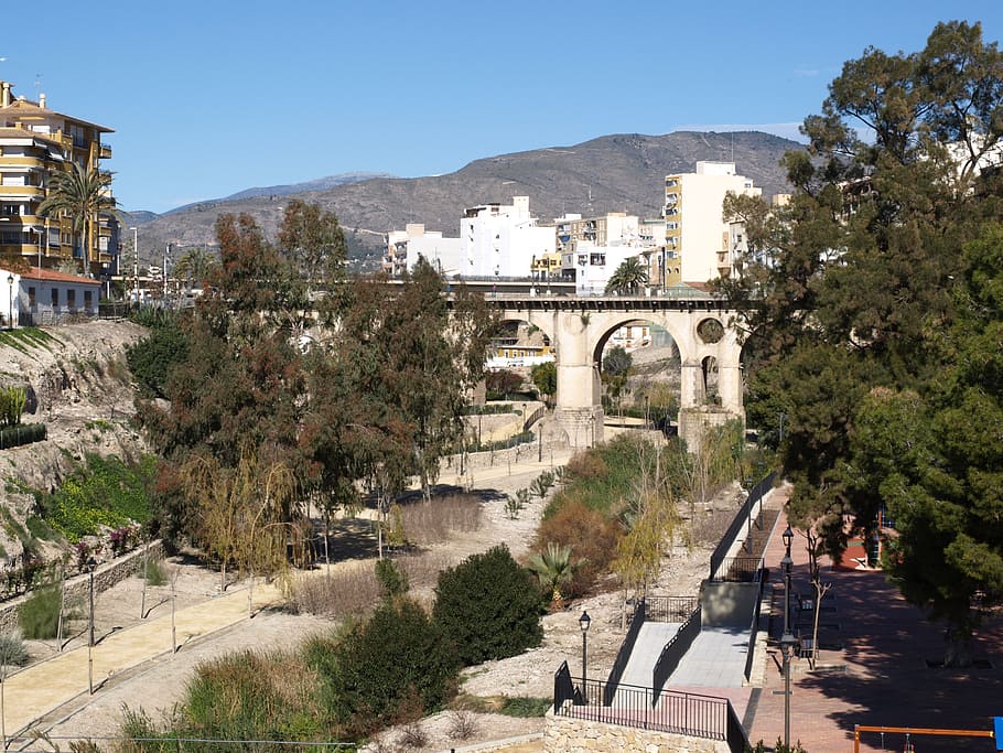 viaduct, architecture, bridge, historic, view, blue sky, spain HD wallpaper