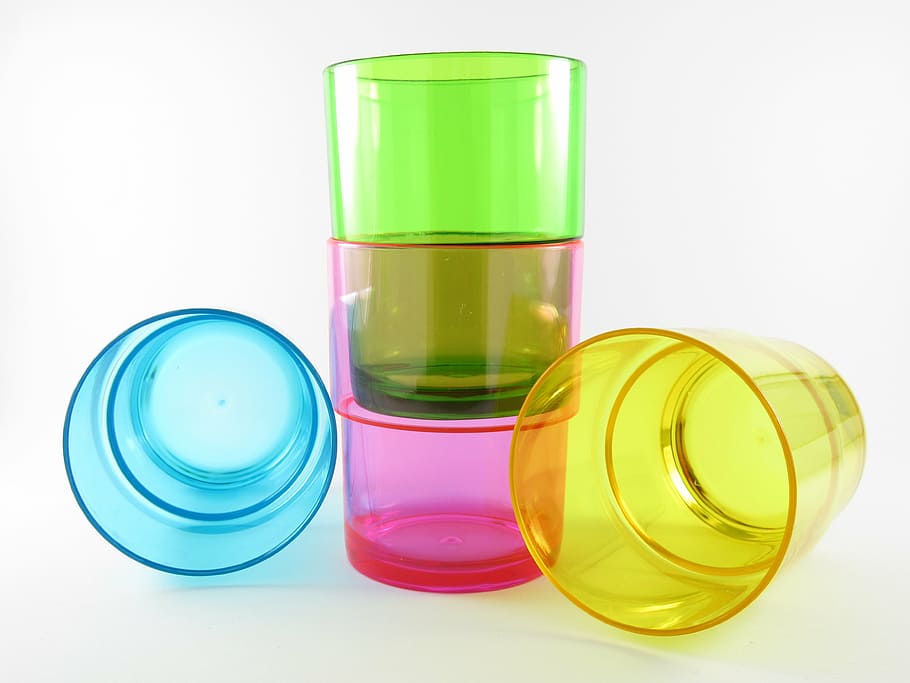 purple, blue, green, drinking, cups, water, dyed, yellow, color HD wallpaper