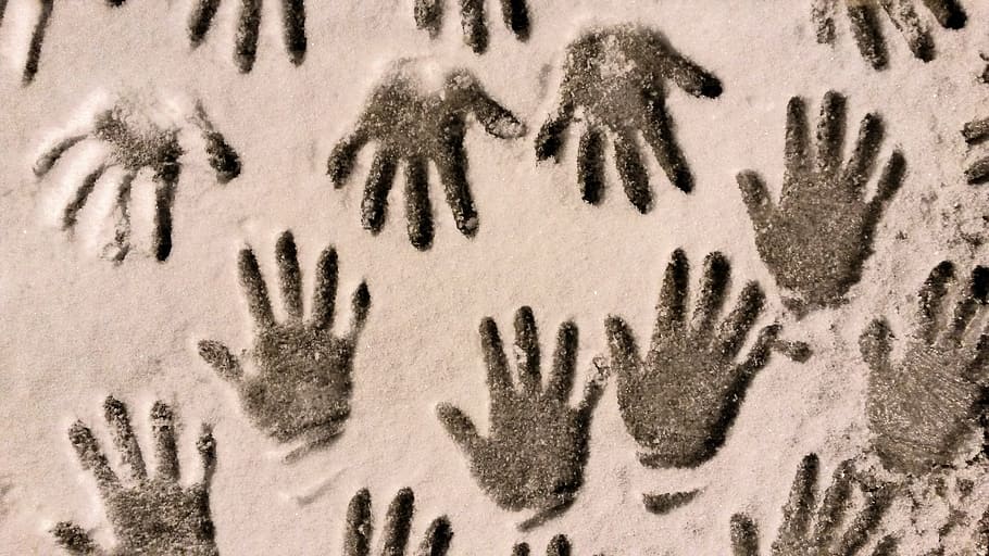 black hand prints on beige pad, snow, hands, winter, children HD wallpaper