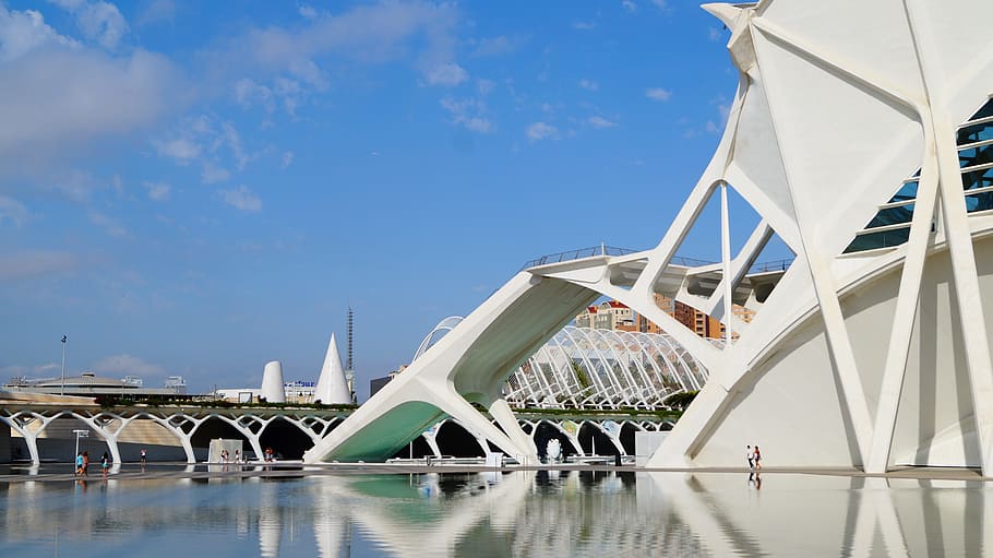 spain, valencia, architecture, reflection, water, sky, engineering HD wallpaper