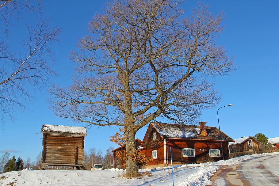 snow, winter, cold, beautiful, red, traditional, wood, cottage HD wallpaper