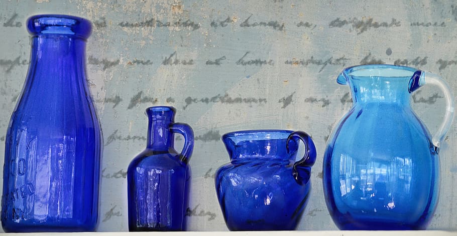 glass, blue, reflection, texture, pitcher, bottles, container HD wallpaper