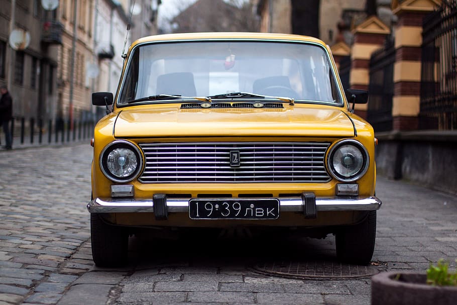 View of Yellow Camera, asphalt, car, classic, coupe, drive, houses HD wallpaper