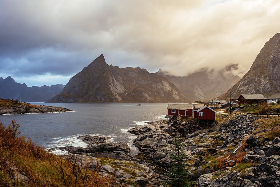 Sunset in Hamnøy, red and black house beside body of water, mountain HD wallpaper
