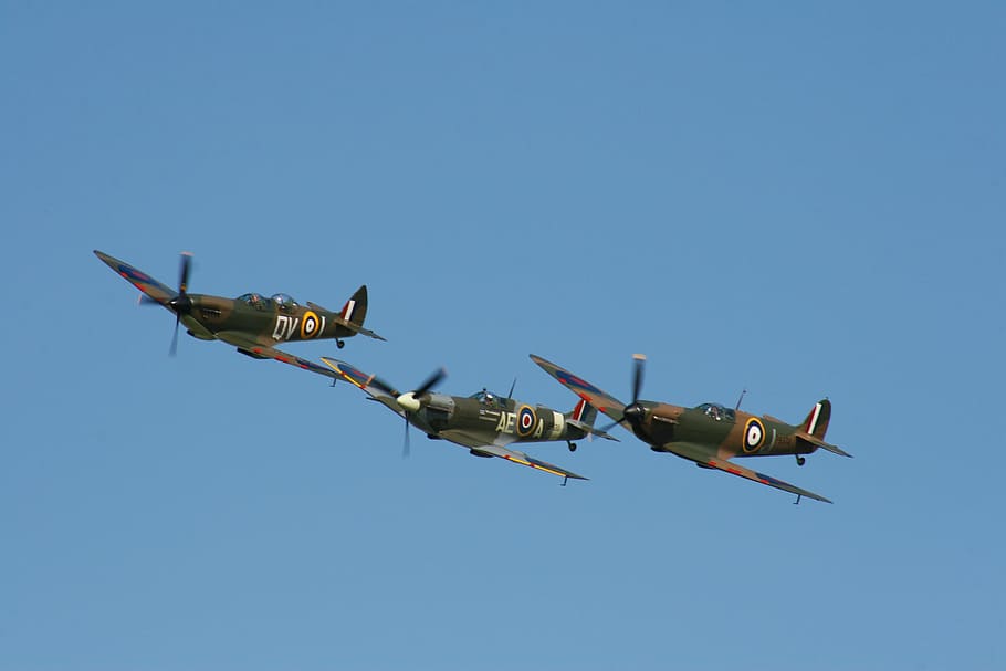 three brown-and-gray planes, spitfire, aircraft, war, fighter, HD wallpaper