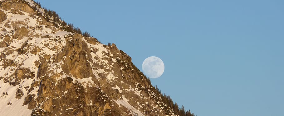 moon, emergence, mountains, sky, night, evening, blue, landscape HD wallpaper