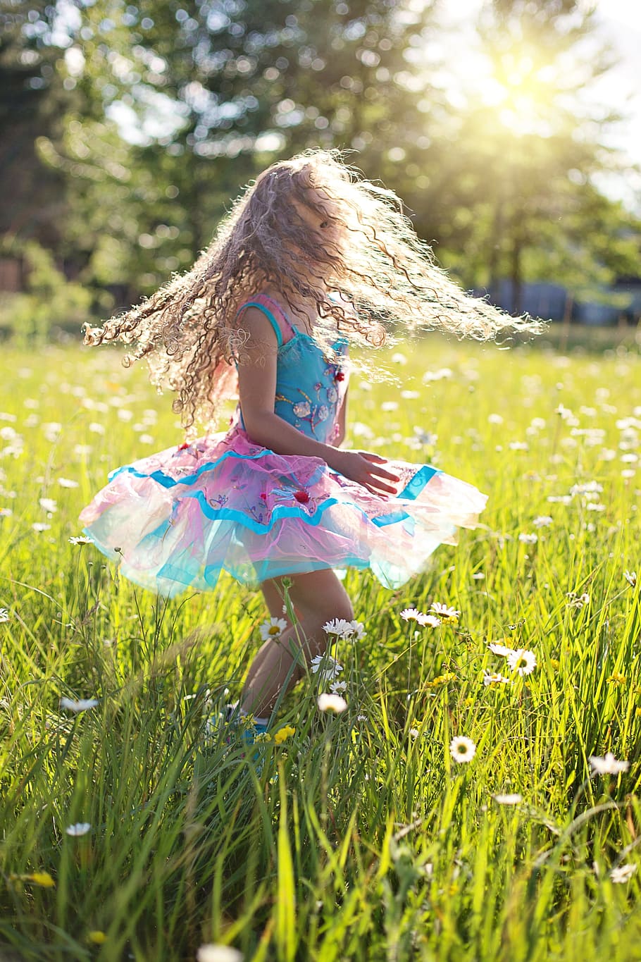 person, relaxation, field, summer, care, cheerful, child, daisies HD wallpaper