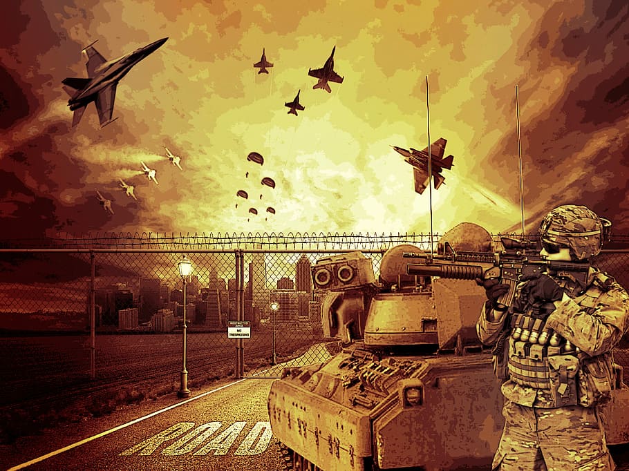 Modern Military Battle with Soldiers, Tanks, and Planes, image