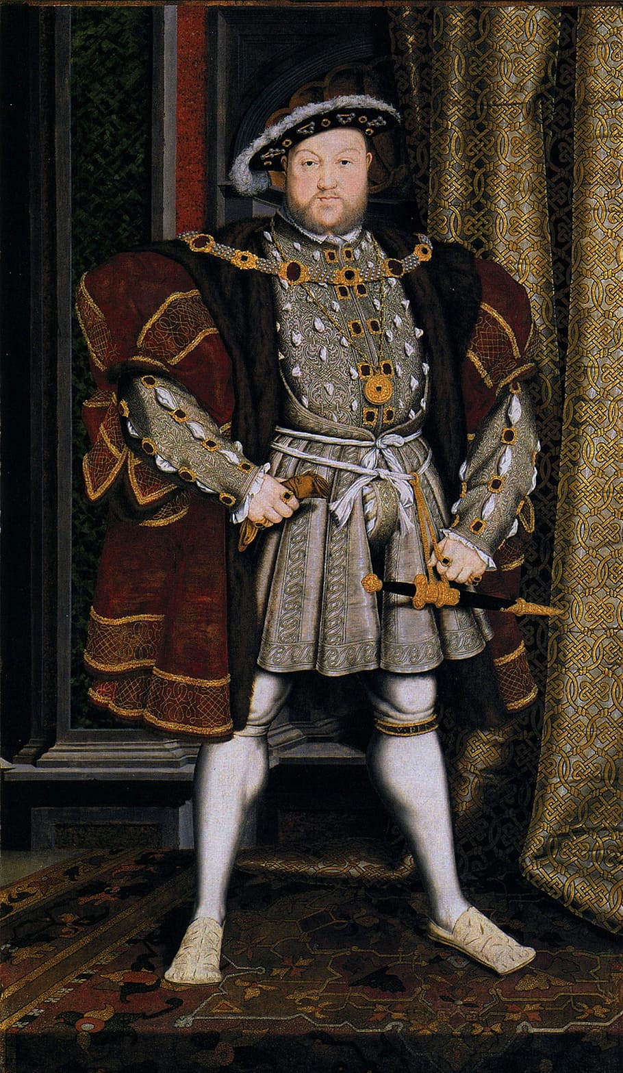 man wearing medieval suit painting, hans holbeing, king henry viii