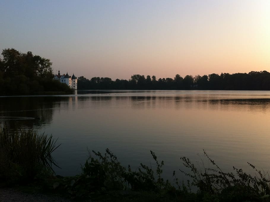 castle, lake, dusk, sunset, mirroring, glücksburg, mecklenburg HD wallpaper