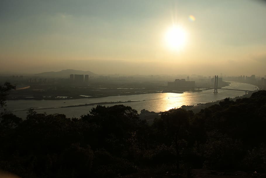sunset, river, mountain, landscape, water, sky, architecture HD wallpaper