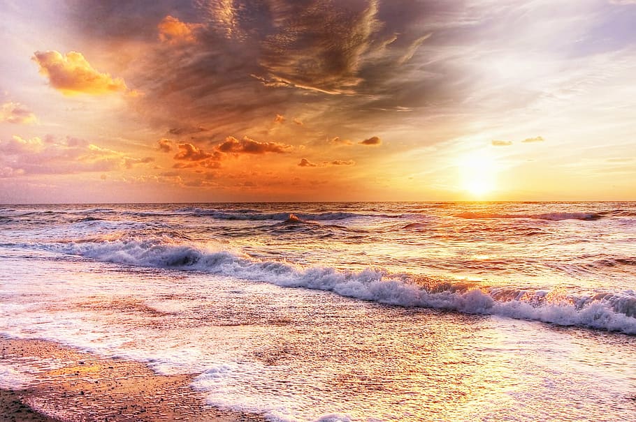 beach, clouds, dawn, dramatic, dusk, golden hour, landscape HD wallpaper