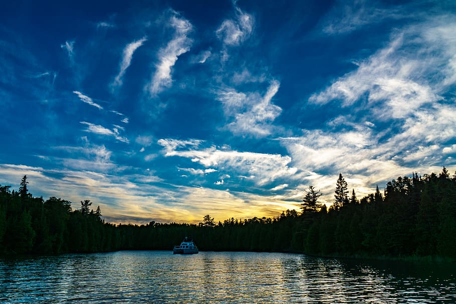 blue sky, boat, clouds, conifers, fir trees, forest, idyllic HD wallpaper