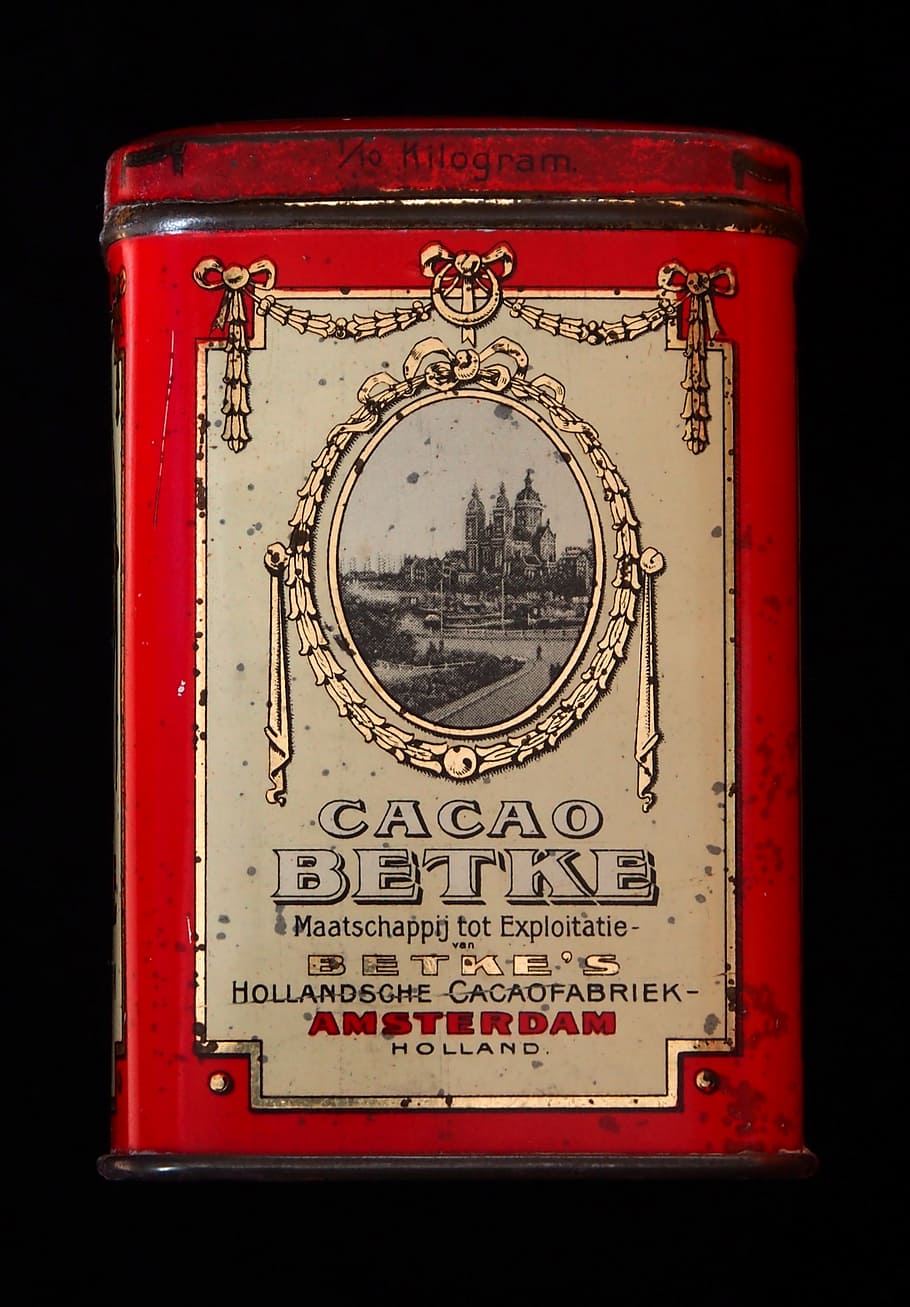 cacao, box, package, old, historic, retro, tin, container, red HD wallpaper