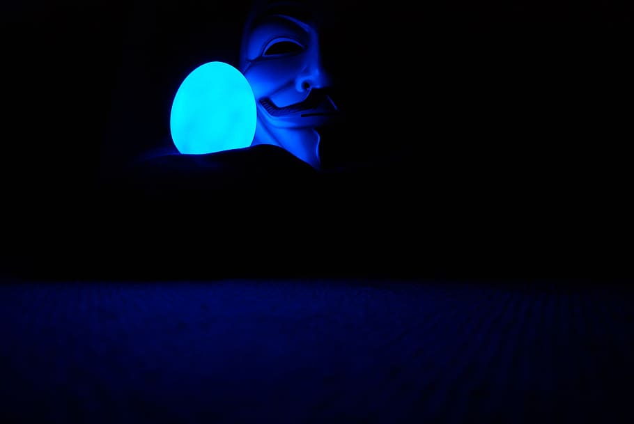 Guy Fawk's mask on black background, guy fawkes, anonymous, blue