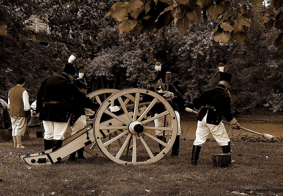 Cannon, Park, Water, River, Trees, blue, battle, black, white HD wallpaper