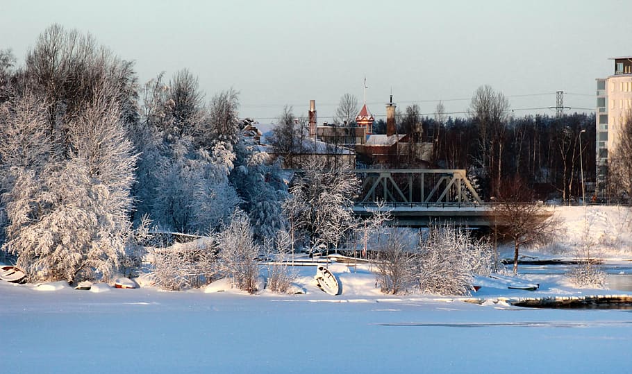 HD wallpaper: oulu, finland, bridge, buildings, lake, frozen, trees