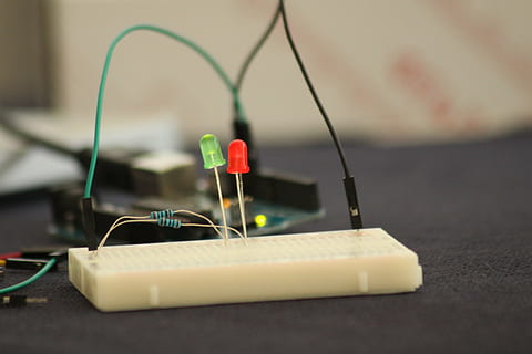 red and blue LED bulbs, light, green, cable, wires, mechanical HD wallpaper